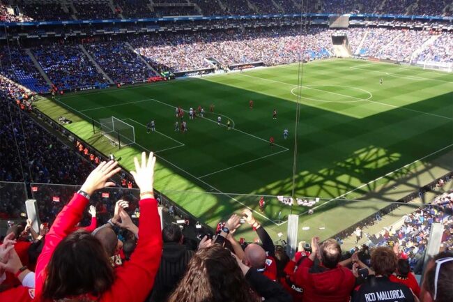 Fans cheer during a crowded soccer match in a large stadium.