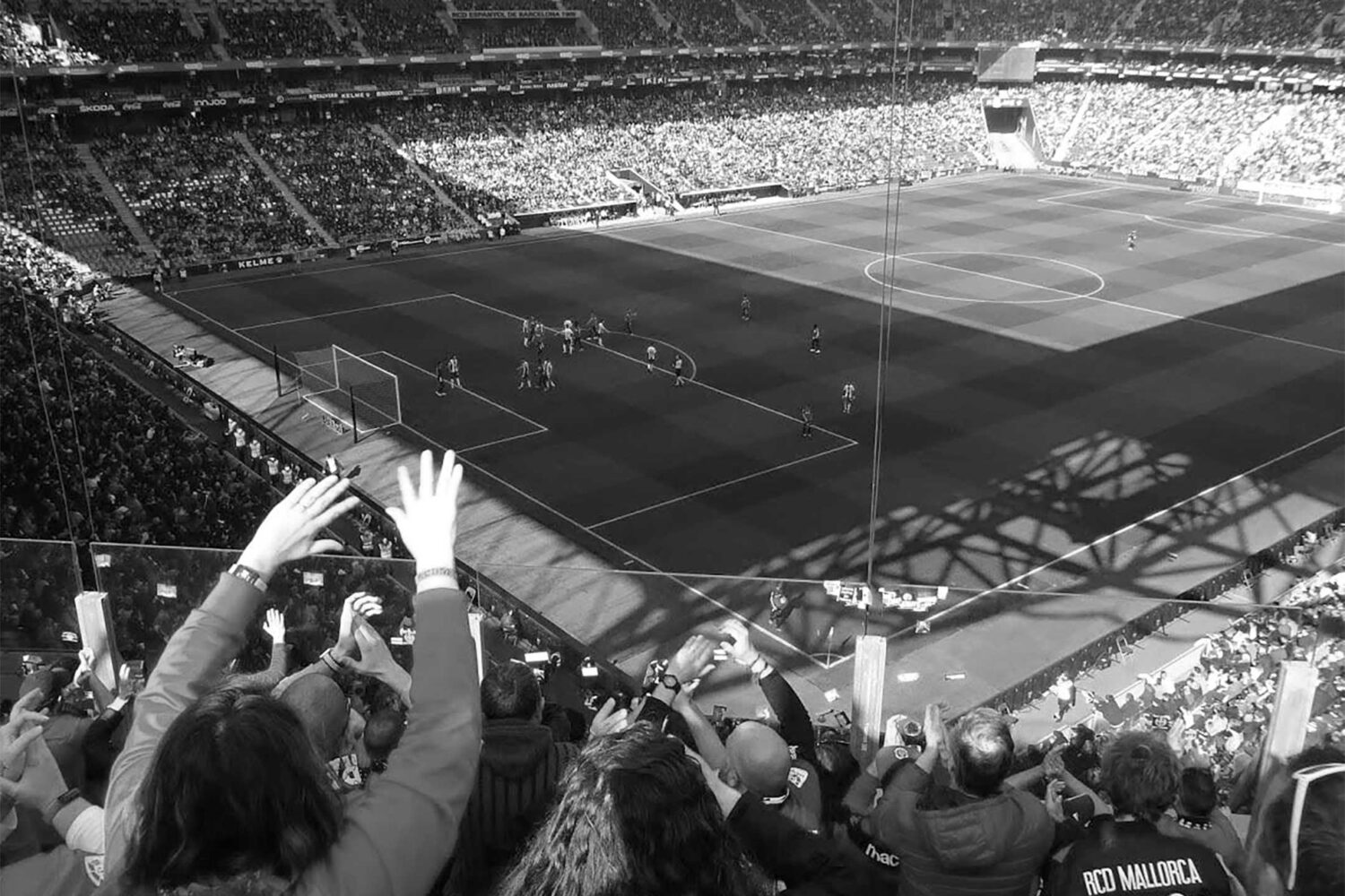 Crowded stadium during a soccer match with fans cheering.