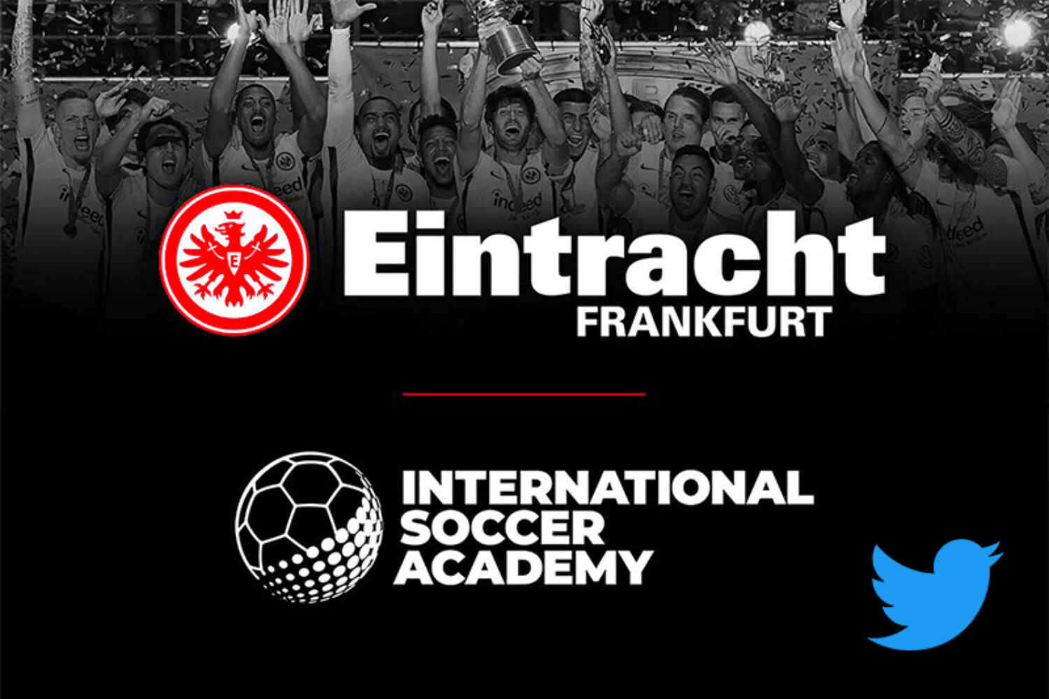 Eintracht Frankfurt International Soccer Academy logo with fans in the background.