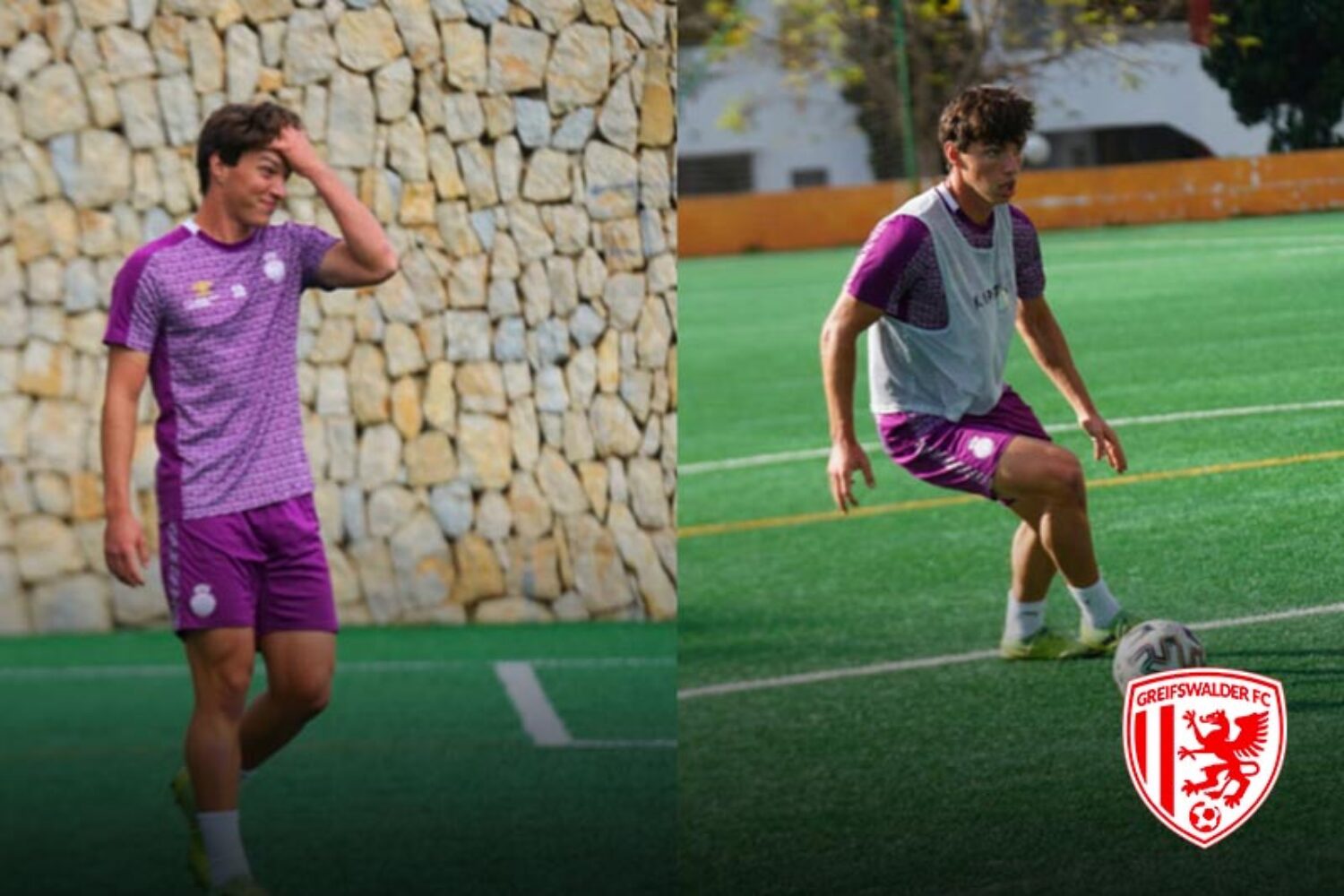 Two images of a soccer player in purple training gear on a green field.