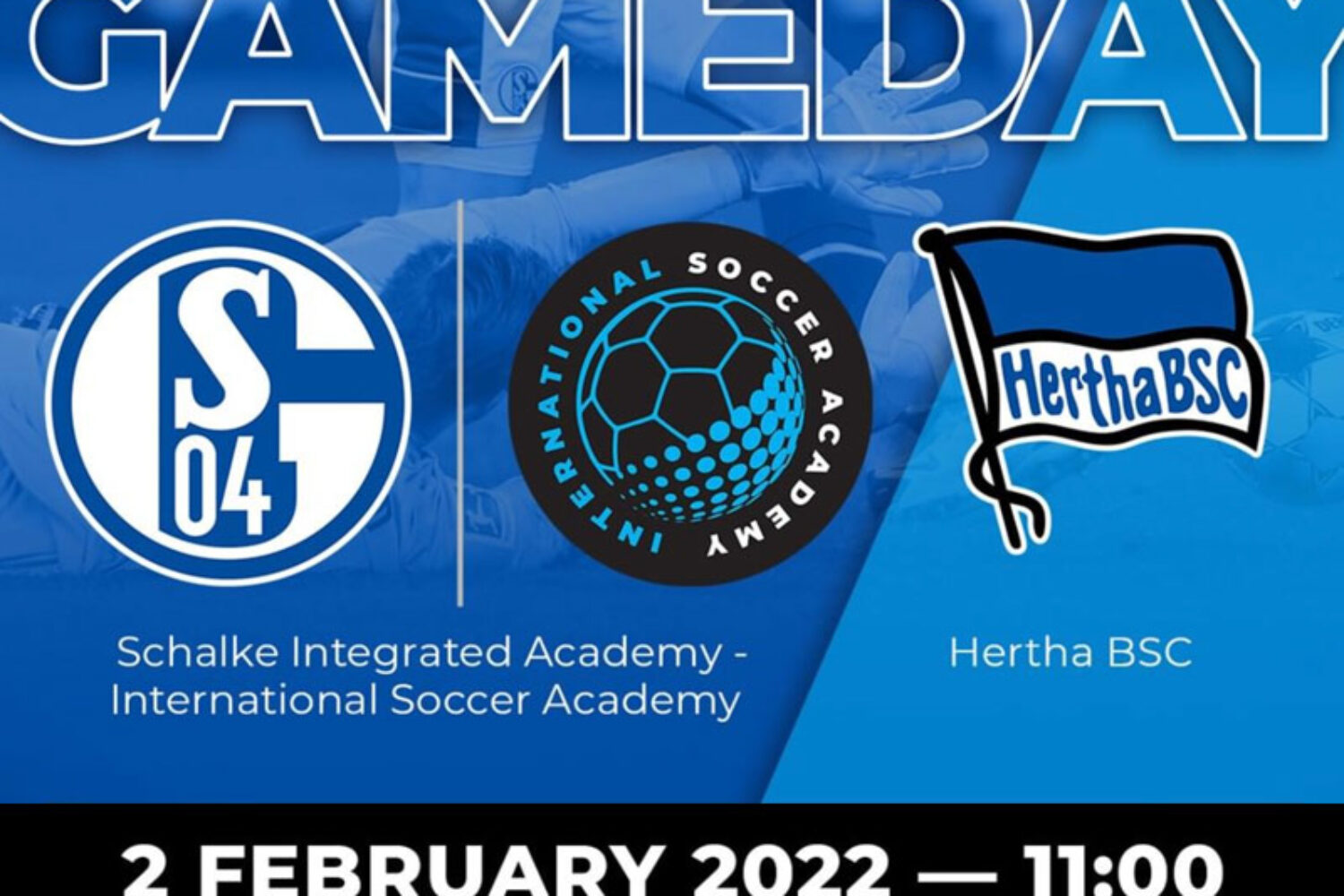 Logos of Schalke 04, International Soccer Academy, and Hertha BSC on a blue background.