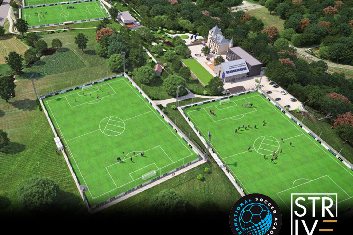 Aerial view of two soccer fields with players and a central building.