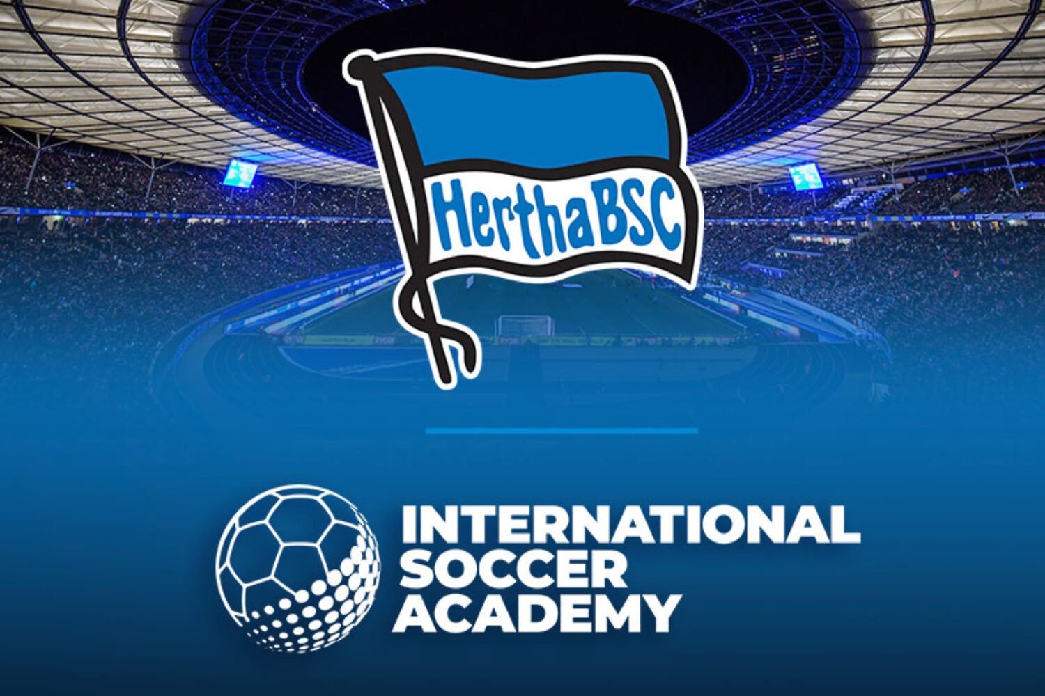 Hertha BSC International Soccer Academy logo with stadium background.