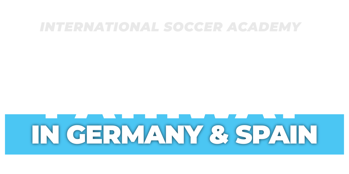 Promotional banner for an international soccer academy with training in Germany and Spain.