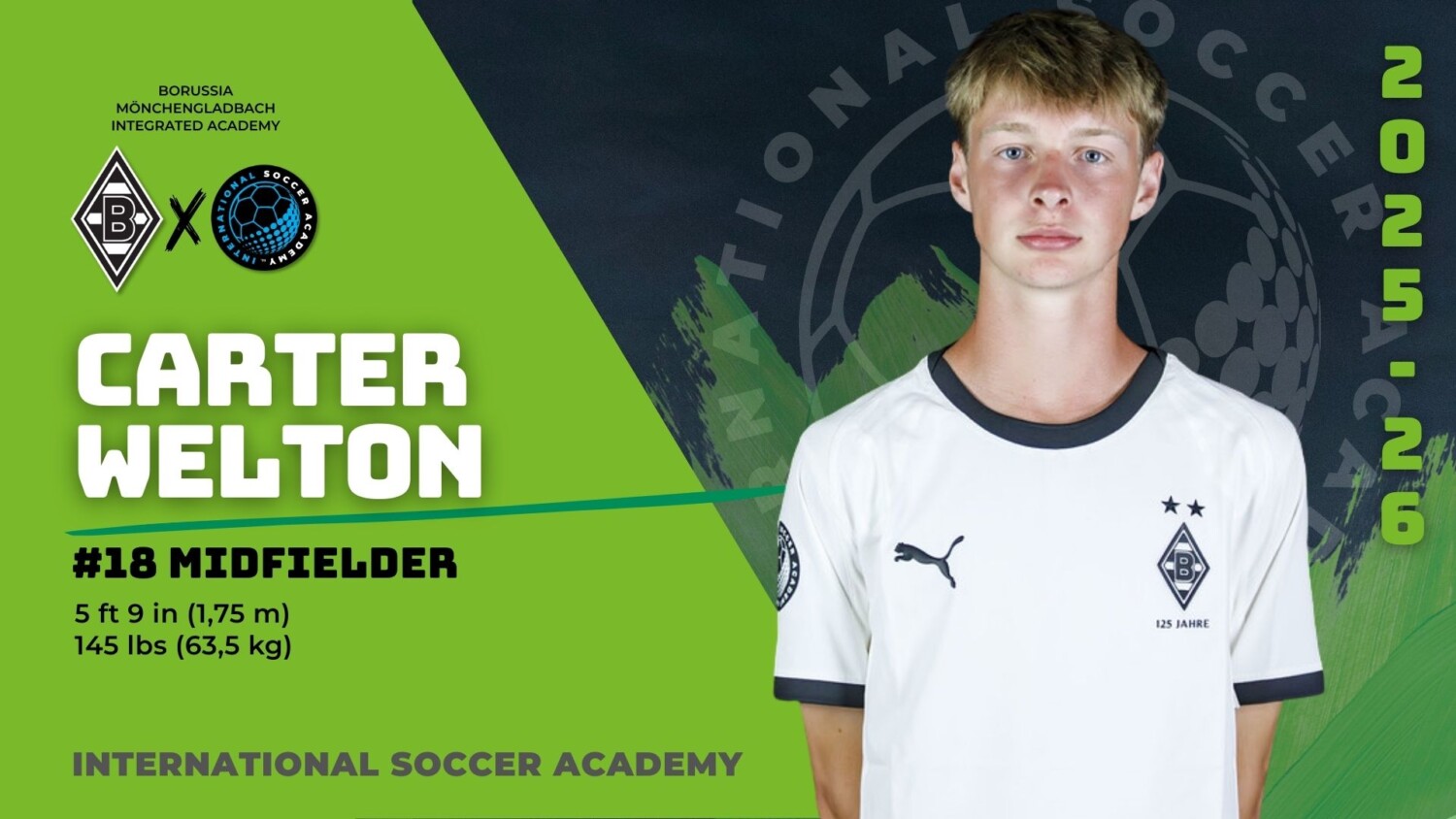 Carter Welton, U18 midfielder, featured in a soccer academy announcement.