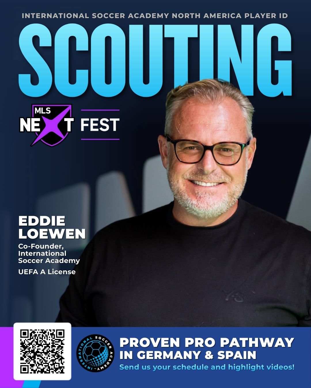 Portrait of Eddie Loewen, co-founder of International Soccar Academy, smiling at MLS Next Fest.