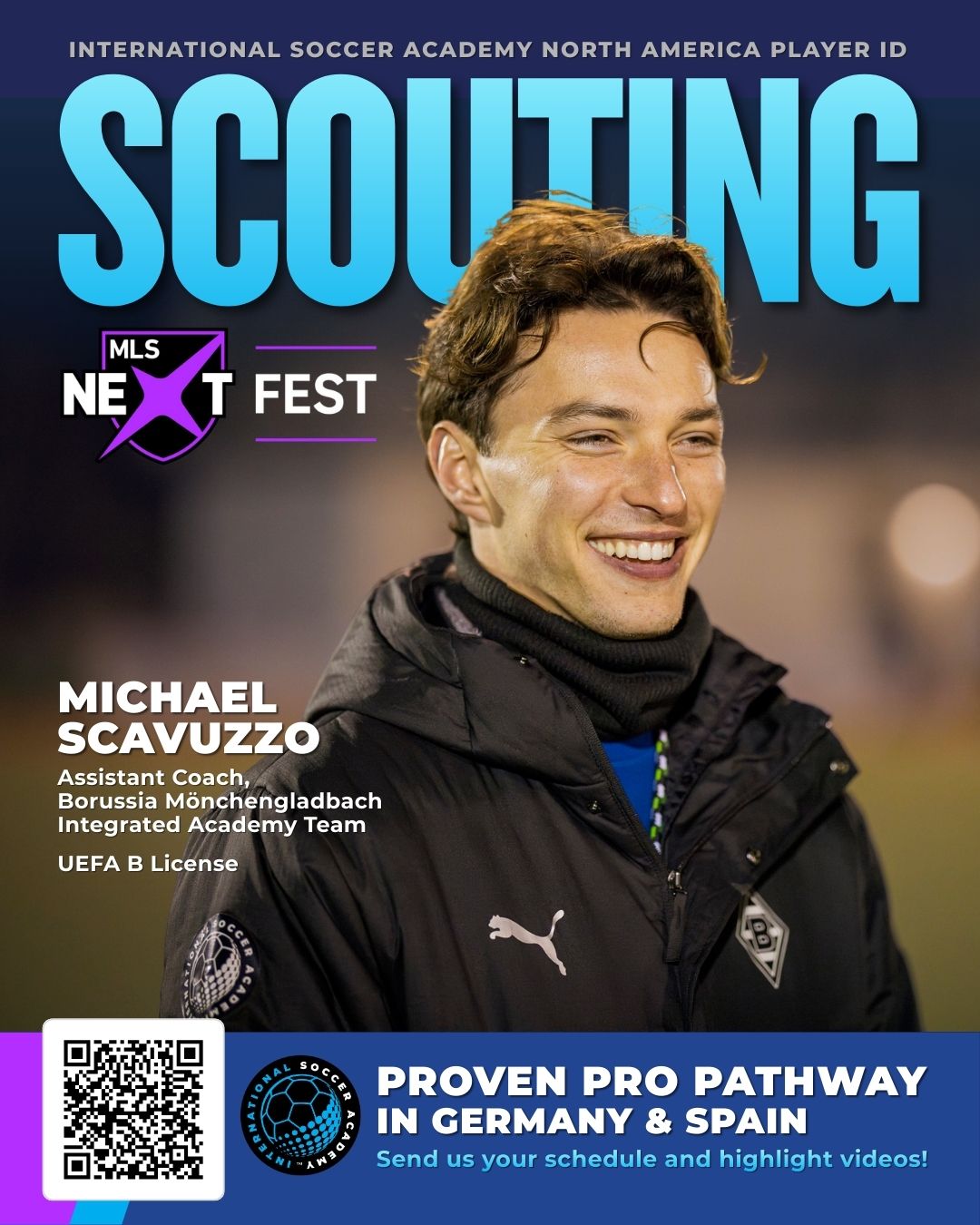 Michael Scavuzzo, assistant coach at Borussia Mönchengladbach, smiles warmly.