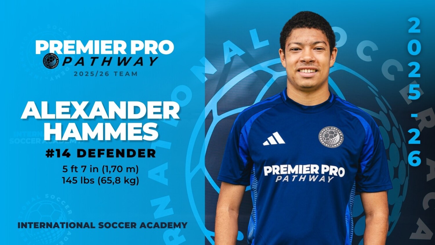 Alexander Hammes, defender for Premier Pro Pathway soccer team, posing in team uniform.