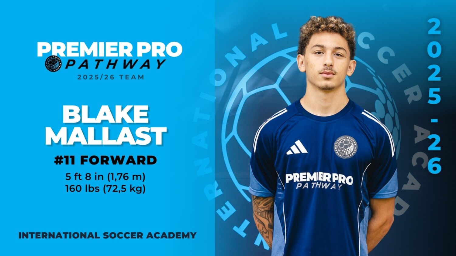 Soccer player Blake Mallast featured as #11 forward for Premier Pro Pathway.