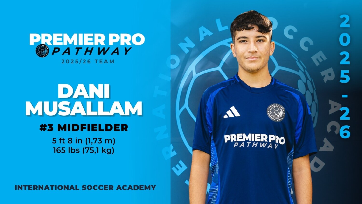 Portrait of soccer player Dani Musallam wearing Premier Pro Pathway jersey.